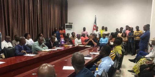 Minister Amin Modad addresses Ministry staff during the inaugural meeting of the new Senior Management Team, emphasizing commitment to employee development and a transparent, merit-based system.