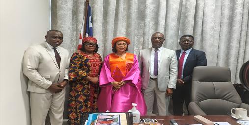 Second Lady Synleseh Stephenie Dahn-Koung (3rd from left) and Commerce Minister Magdalene Dagoseh (4rd from left) during a visit at the EJS Complex, where the KPEKOR Project was introduced to empower women, girls, and people with disabilities.